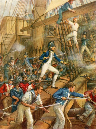 Nelson embarcando en el San Nicolás (litografía en color) de Howard Davie