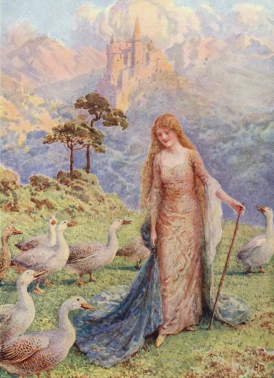 "Oh, qué hermosa es nuestra señora" de "La búsqueda del pájaro de la cola de oro" (litografía en color) de Howard Davie