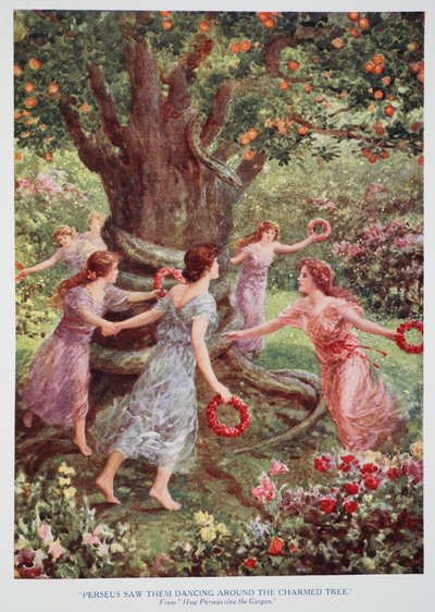 "Perseo los vio bailar alrededor del árbol encantado" (litografía en color) de Howard Davie