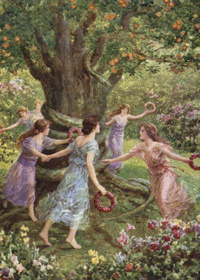 Perseo las vio bailar alrededor del árbol encantado. De Cómo Perseo mató a la Gorgona (litografía en color) de Howard Davie