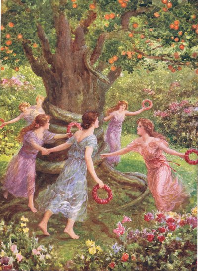 Perseo las vio bailar alrededor del árbol encantado", ilustración de "Cómo Perseo mató a la Gorgona" de Los héroes de los cuentos griegos, de Charles Kingsley (1819-75) (litografía en color) de Howard Davie