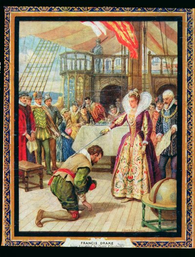 La reina Isabel I (1530-1603) arma a Francis Drake (1540-96), ilustración de "Héroes de la Historia" (litografía en color) de Howard Davie