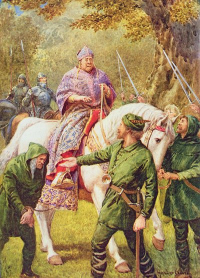 Robin Hood se encuentra con el obispo de Hereford, ilustración de "Robin Hood y su vida en el Bosque Alegre", contada por Rose Yeatman Woolf, publicada por Raphael Tuck de Howard Davie