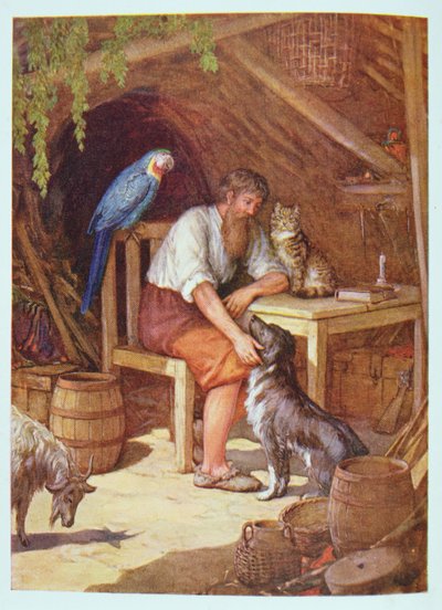 Robinson Crusoe en su cabaña, ilustración de "Robinson Crusoe" de Daniel Defoe (1660-1731) (litografía en color) de Howard Davie