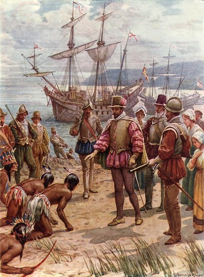 Sir Walter Raleigh desembarcando en Virginia (litografía en color) de Howard Davie