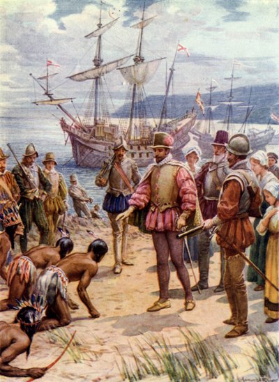 Sir Walter Raleigh, desembarco en Virginia (litografía en color) de Howard Davie