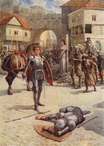 San Jorge al rescate, el orgulloso conde de Coventry yace muerto (litografía en color) de Howard Davie