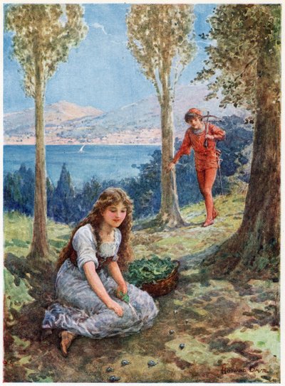 De repente se detuvo y miró embelesado", de Italian Fairy Tales, de Lilia E. Romano, publicado por Raphael Tuck & Sons (litografía en color) de Howard Davie