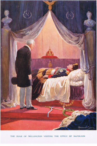 El Duque de Wellington visitando la efigie de Napoleón, ilustración de "Madame Tussauds" (litografía en color) de Howard Davie