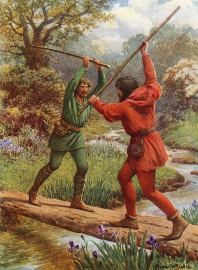 "La lucha entre Robin Hood y Little John" (litografía en color) de Howard Davie