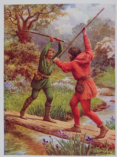 La lucha entre Robin Hood y Little John, ilustración de "Robin Hood y su vida en el alegre bosque verde", contada por Rose Yeatman Woolf, publicada por Raphael Tuck de Howard Davie