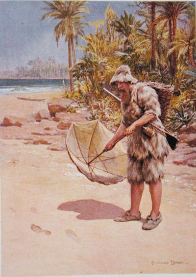Las huellas en la arena, ilustración para "Robinson Crusoe" de Daniel Defoe (1660-1731) (litografía en color) de Howard Davie