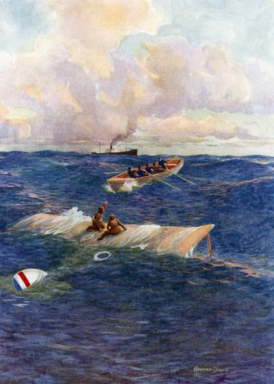 El bote salvavidas del "Mary of Denmark" rescatando a Hawker y Grieve (litografía en color) de Howard Davie