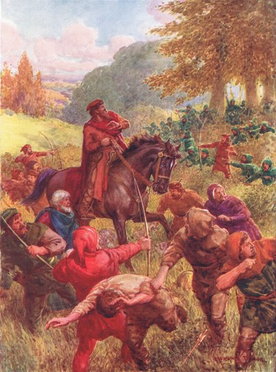 El rescate de Sir Richard of the Lea, ilustración de "Robin Hood and his Life in the Merry Greenwood", contada por Rose Yeatman Woolf, publicada por Raphael Tuck de Howard Davie