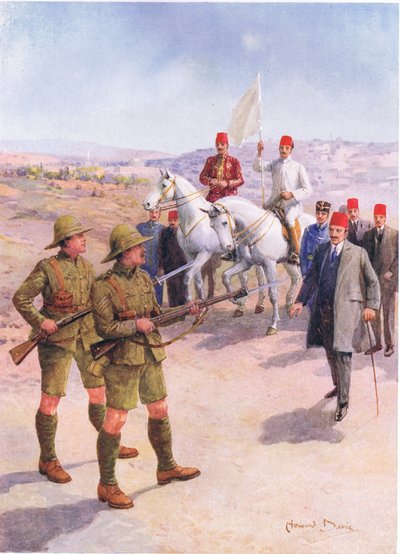 La rendición de Jerusalén al sargento Hurcombe del Regimiento de Londres", ilustración de "Brave Deeds by Brave Men", de C. Sheridan Jones, pub. 1922 (litografía) de Howard Davie