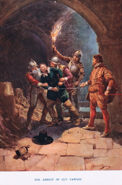 La detención de Guy Fawkes, ilustración de "Madame Tussauds" (litografía en color) de Howard Davie