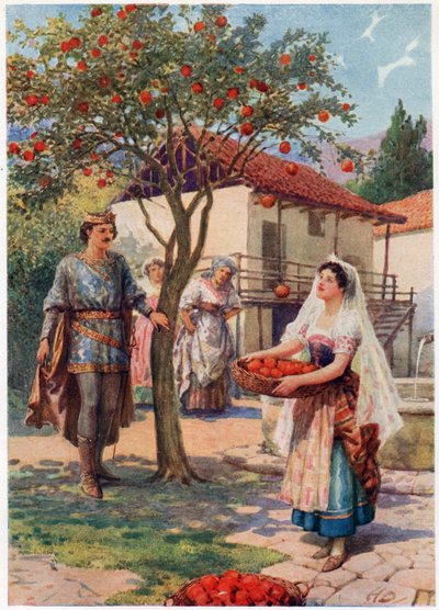 La fruta cayó sola en la cesta", de Cuentos italianos, de Lilia E. Romano, publicado por Raphael Tuck & Sons (litografía en color) de Howard Davie