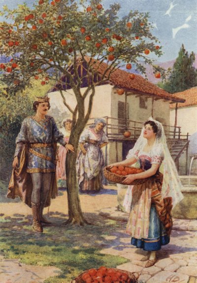 "La fruta cayó sola en la cesta" de "Los gatitos de las hadas" (litografía en color) de Howard Davie