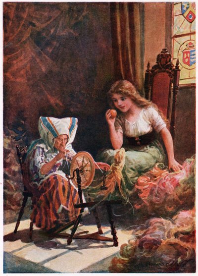 Miles de madejas de la más suave seda", de Cuentos italianos, de Lilia E. Romano, publicado por Raphael Tuck & Sons (litografía en color) de Howard Davie
