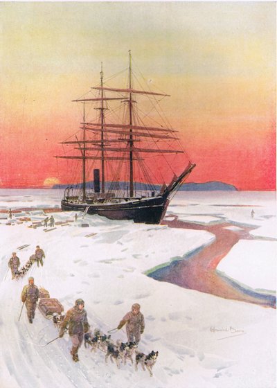 Descarga del Terra Nova en McMurdo Sound", ilustración de "Brave Deeds by Brave Men" de C. Sheridan Jones, pub. 1922 (litografía) de Howard Davie