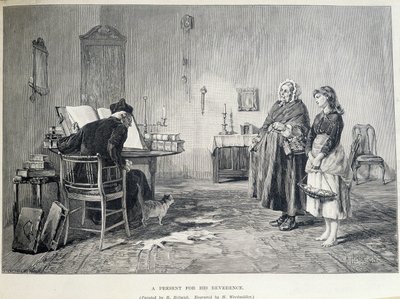 Dos mujeres irlandesas llevan un regalo a un religioso. Grabado de H. Werdmuller después de la pintura de H. Helmick en el siglo XIX de Howard Helmick
