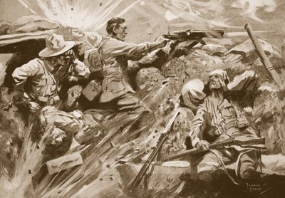 El soldado Cooke continúa disparando su ametralladora después de que todos los miembros del equipo de la ametralladora fueron asesinados o heridos de Howard K. Elcock
