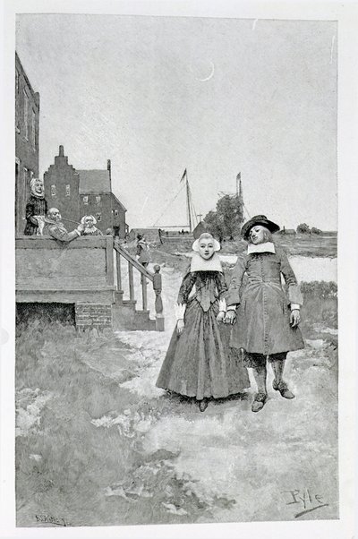 A lo largo del canal en el viejo Manhattan, ilustración de 