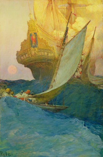 Un ataque a un galeón, de "The Fate of Treasure Town" de Howard Pyle, publicado en "Harper