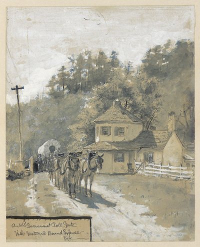 Una antigua puerta de peaje del gobierno con Westward Bound Express, dibujo de una ilustración para el artículo de Howard Pyle