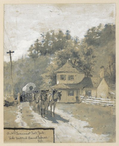 Una antigua barrera de peaje gubernamental con un expreso rumbo al oeste, dibujo de una ilustración para el artículo «The Old National Pike», de William Henry Rideing de Howard Pyle