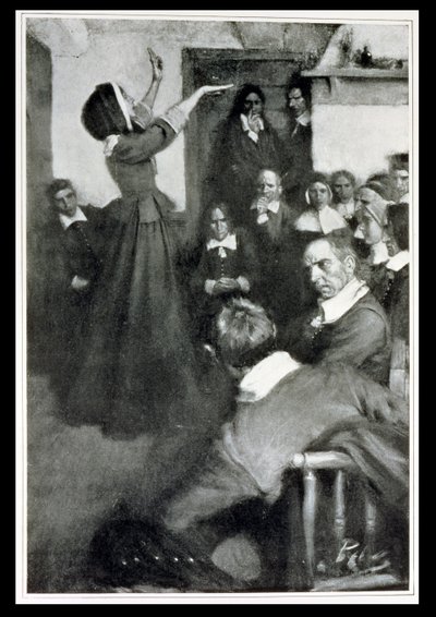Anne Hutchinson predicando en su casa en Boston, 1637, ilustración de 