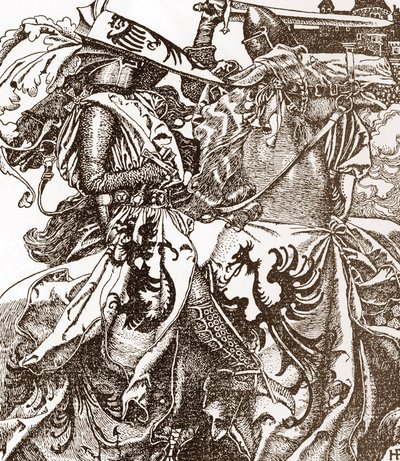 Leyenda Artúrica: Kay (Keu), knight of the round table, breaking his sword at a Tournament (Sir Kay, caballero de la mesa redonda, rompe su espada en un torneo) Ilustración de Howard Pyle (1853-1911) de "The story of king Arthur and his knights" 190 de Howard Pyle