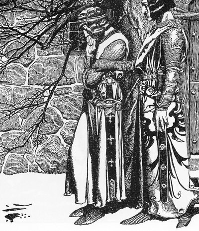 Leyenda Artúrica: El caballero Kay (Keu) y Perceval (Sir Kay y Sir Percival) Ilustración de Howard Pyle (1853-1911) de "La historia de los campeones de la Mesa Redonda" 1905 Colección particular de Howard Pyle