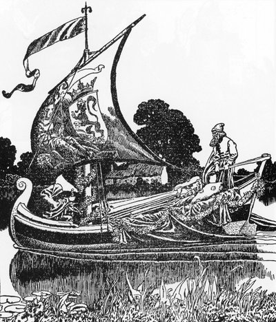 Leyenda Artúrica: La barcaza de los muertos trae el cuerpo del rey Arturo Ilustración de Howard Pyle (1853-1911) de "La historia de Sir Launcelot y sus compañeros" 1907 Colección privada de Howard Pyle