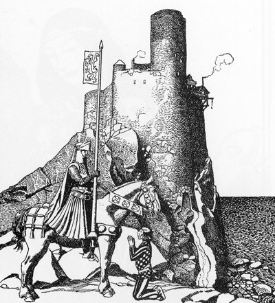 Leyenda Artúrica: Tristan arriving at the Castle of Nabon (Sir Tristam llegando al castillo de Sir Nabon) Ilustración de Howard Pyle (1853-1911) de "The Story of the champions of the round table" 1905 Colección privada de Howard Pyle
