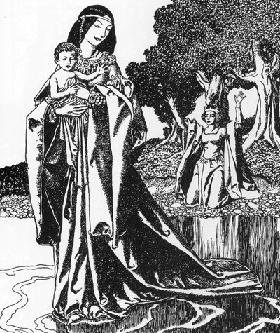 Leyenda Artúrica: la dame du Lac ableve Lancelot enfant (Lancelot es llevado por la Dama del Lago) Ilustración de Howard Pyle (1853-1911) de "La historia de los campeones de la mesa redonda" 1903 Colección particular de Howard Pyle