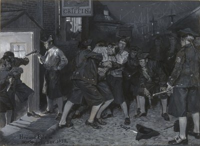 En la enseña del Grifo, dibujo de una ilustración para el artículo «Antiguos cafés de Nueva York», de John Austin Stevens de Howard Pyle