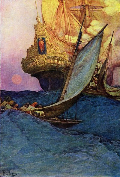 Ataque a un galeón por piratas. "Libro de piratas Bucaneros y Cimarrones del Mar Caribe" por Howard Pyle (1853-1911), ilustrador estadounidense de Howard Pyle