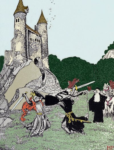 Batalla entre el Rey Arturo y el caballero negro en presencia de Merlín el encantador. Ilustración de Howard Pyle de Howard Pyle