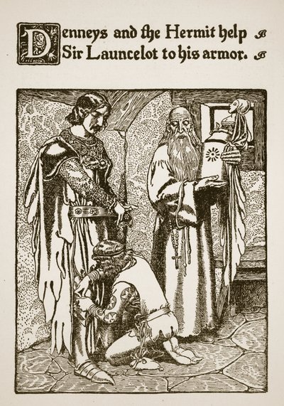 Denneys y el Ermitaño ayudan a Sir Launcelot a ponerse su armadura, ilustración de 
