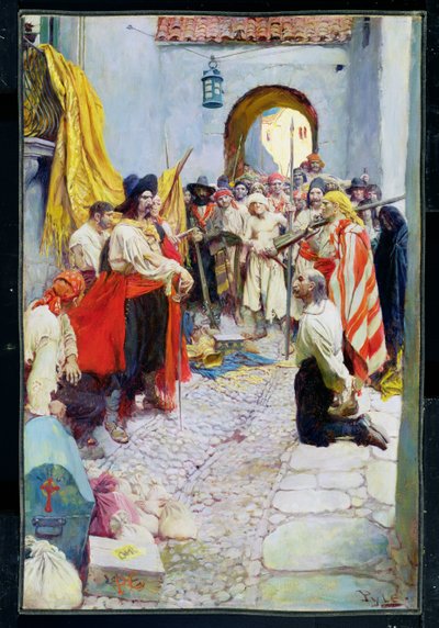 Extorsionando el tributo de los ciudadanos, o El saqueo de Cartagena, de "El destino de una ciudad del tesoro" de Howard Pyle, publicado en Harper
