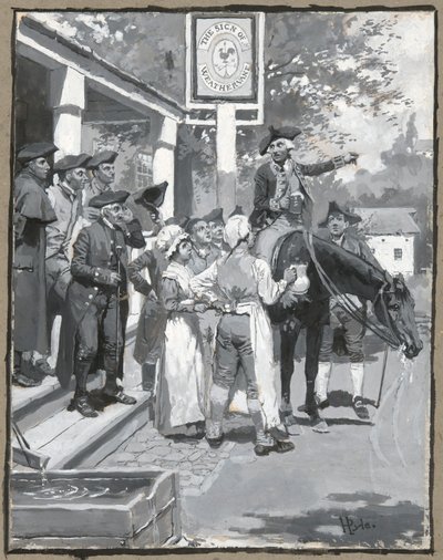 Se detiene ante el signo de la veleta, dibujo de la ilustración del poema de Howard Pyle