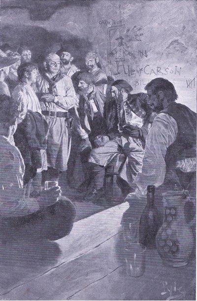 Llevó a Jack hasta el hombre que estaba sentado en el barril, de El Libro de Piratas de Howard Pyle publicado por Harper & Bros, 1921 de Howard Pyle