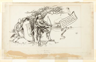 Ilustración de La circunstancia acomodaticia, II; Ajustando una larga flecha a su arco, la envió directamente a través del jinete más adelantado de Howard Pyle