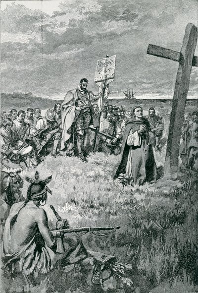 Jacques Cartier (1491-1557) levantando una cruz en Gaspé, ilustración de 