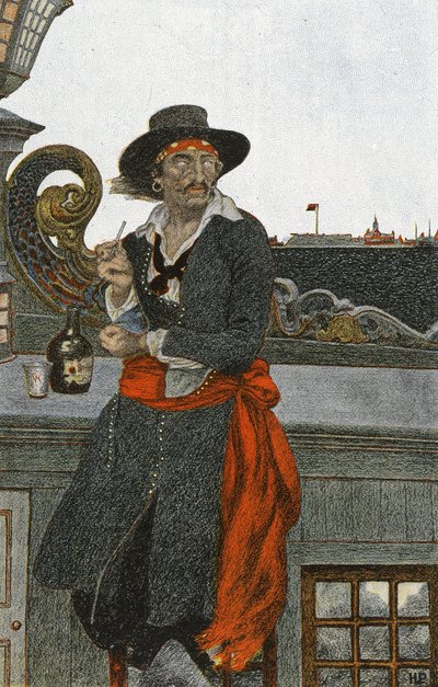 Kidd en la cubierta de la galera Adventure, principios del siglo XX (ilustración de libro) de Howard Pyle