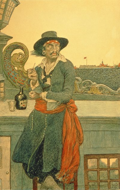 Kidd en la cubierta del "Adventure Galley", de "The True Captain Kidd" de John D. Champlin, publicado en Harper