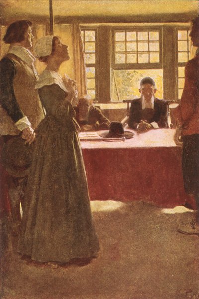 Mary Dyer llevada ante el gobernador Endicott, ilustración de 