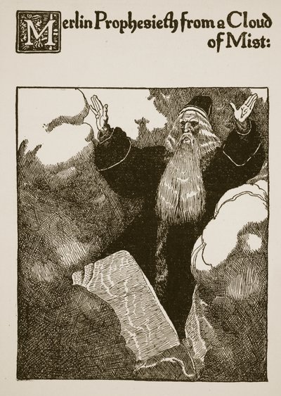 Merlín profetiza desde una nube de niebla, ilustración de 