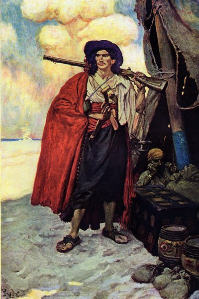 Retrato de un pirata armado con un rifle. Cerca de él el tesoro y la tienda montada en la isla desierta. Ilustración del “Libro de piratas Bucaneros y Cimarrones del Mar Caribe” de Howard Pyle (1853-1911), ilustrador estadounidense de Howard Pyle